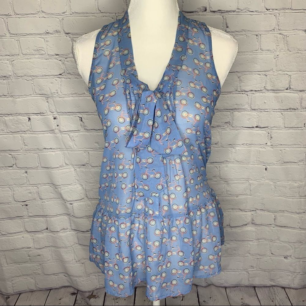 Eyeshadow Bicycle sleeveless semi sheer top with neck tie